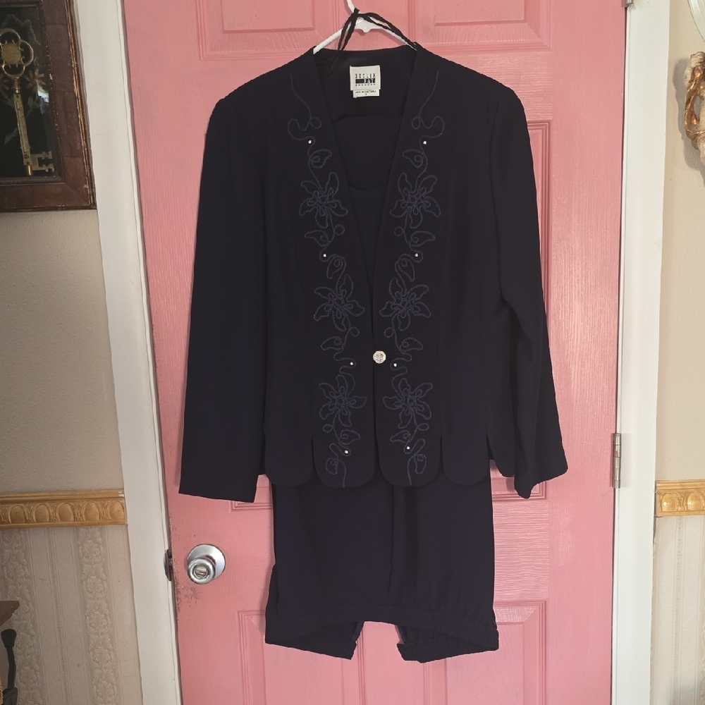 Leslie Fay Navy Dress Suit with Crystal Detailing